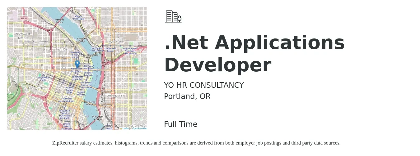 YO HR CONSULTANCY job posting for a .Net Applications Developer in Portland, OR with a salary of $47 to $67 Hourly with a map of Portland location.