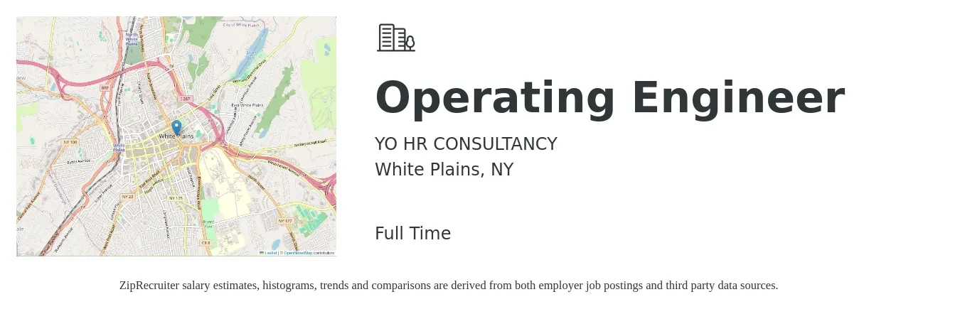 YO HR CONSULTANCY job posting for a Operating Engineer in White Plains, NY with a salary of $72,000 to $97,300 Yearly with a map of White Plains location.
