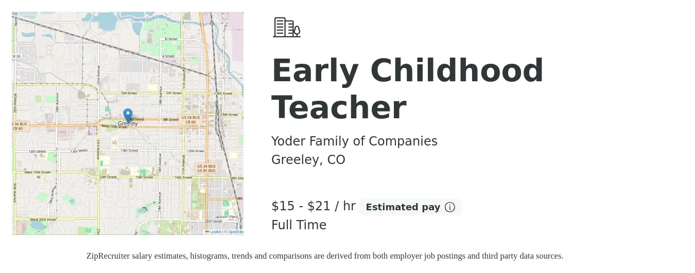 Yoder Family of Companies job posting for a Early Childhood Teacher in Greeley, CO with a salary of $16 to $22 Hourly with a map of Greeley location.