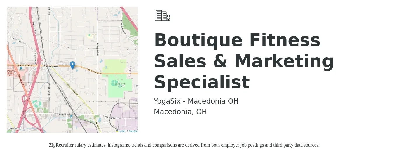 YogaSix - Macedonia OH job posting for a Boutique Fitness Sales & Marketing Specialist in Macedonia, OH with a salary of $40,100 to $67,600 Yearly with a map of Macedonia location.