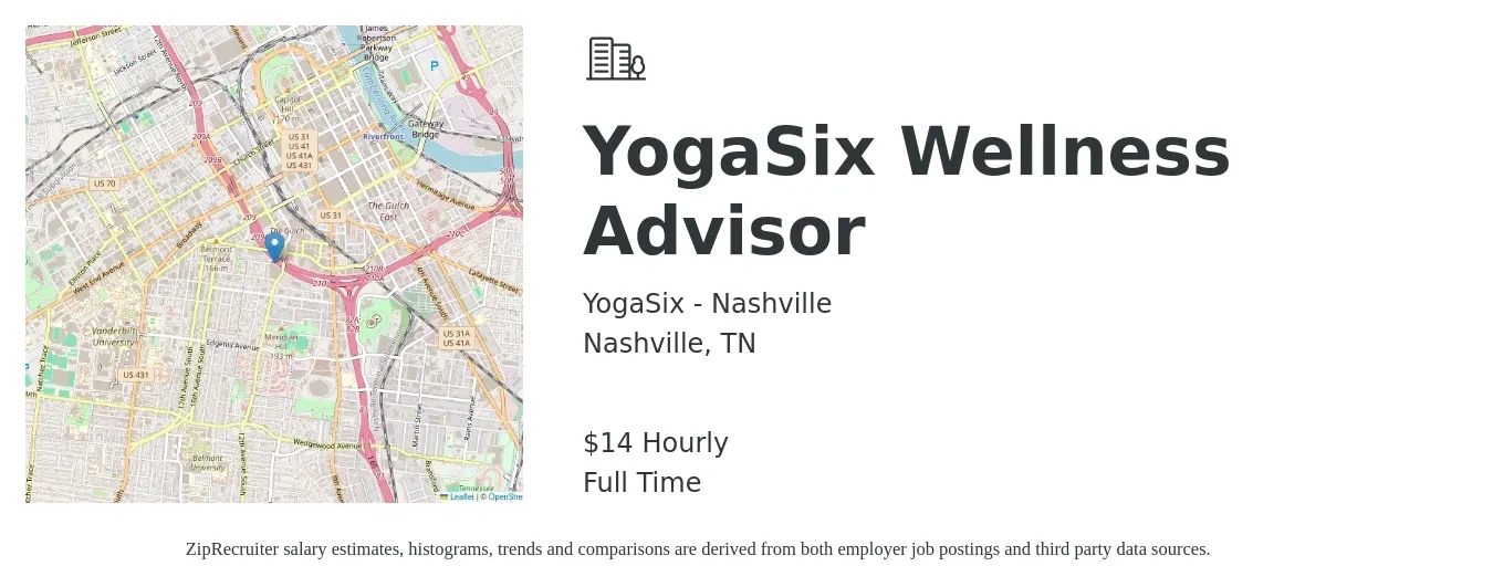 YogaSix - Nashville job posting for a YogaSix Wellness Advisor in Nashville, TN with a salary of $15 Hourly with a map of Nashville location.