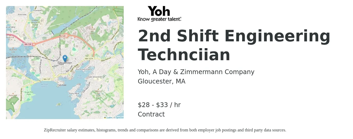 Yoh, A Day & Zimmermann Company job posting for a 2nd Shift Engineering Technciian in Gloucester, MA with a salary of $30 to $35 Hourly with a map of Gloucester location.