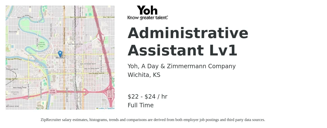 Yoh, A Day & Zimmermann Company job posting for a Administrative Assistant Lv1 in Wichita, KS with a salary of $23 to $25 Hourly with a map of Wichita location.