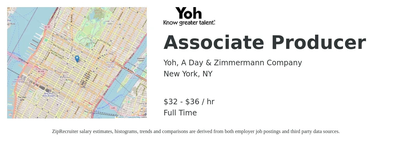 Yoh, A Day & Zimmermann Company job posting for a Associate Producer in New York, NY with a salary of $34 to $38 Hourly with a map of New York location.