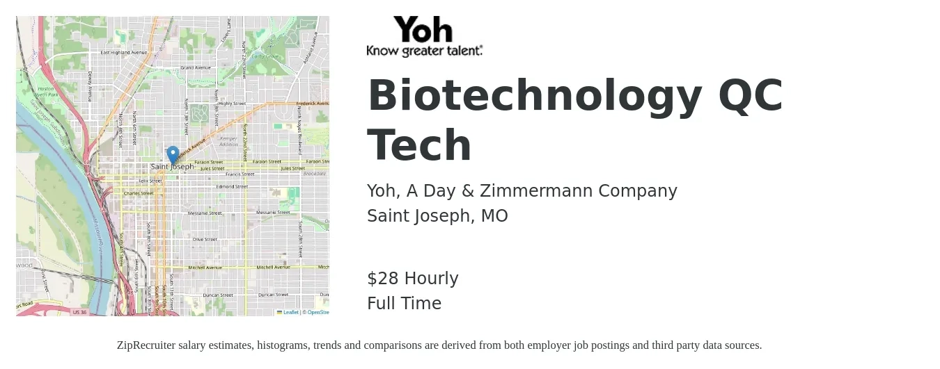 Yoh, A Day & Zimmermann Company job posting for a Biotechnology QC Tech in Saint Joseph, MO with a salary of $30 Hourly with a map of Saint Joseph location.