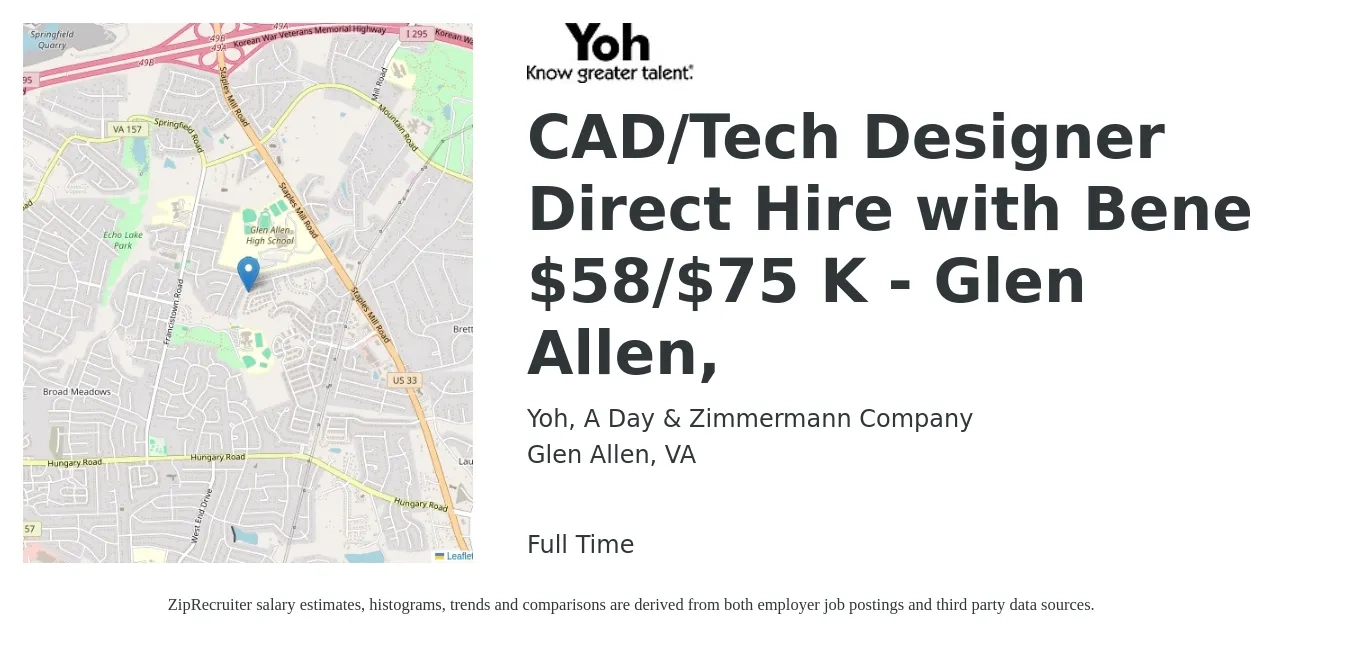 Yoh, A Day & Zimmermann Company job posting for a CAD/Tech Designer Direct Hire with Bene $58/$75 K - Glen Allen, in Glen Allen, VA with a salary of $32 to $47 Hourly with a map of Glen Allen location.