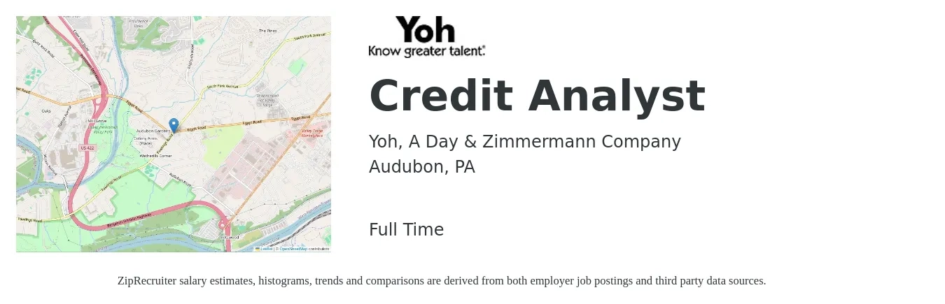 Yoh, A Day & Zimmermann Company job posting for a Credit Analyst in Audubon, PA with a salary of $24 to $35 Hourly with a map of Audubon location.