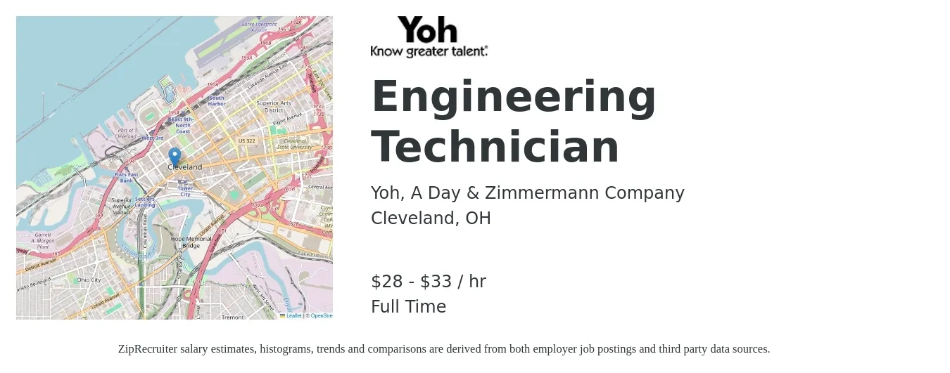 Yoh, A Day & Zimmermann Company job posting for a Engineering Technician in Cleveland, OH with a salary of $30 to $35 Hourly with a map of Cleveland location.