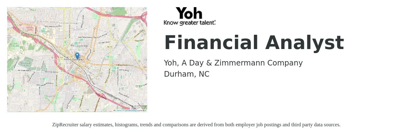 Yoh, A Day & Zimmermann Company job posting for a Financial Analyst in Durham, NC with a salary of $63,400 to $100,100 Yearly with a map of Durham location.
