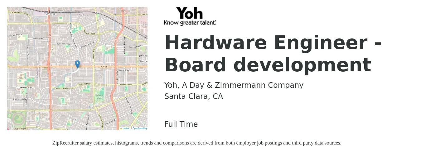 Yoh, A Day & Zimmermann Company job posting for a Hardware Engineer - Board development in Santa Clara, CA with a salary of $145,000 to $191,400 Yearly with a map of Santa Clara location.