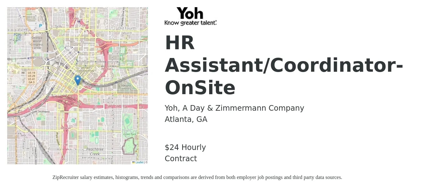 Yoh, A Day & Zimmermann Company job posting for a HR Assistant/Coordinator- OnSite in Atlanta, GA with a salary of $25 Hourly with a map of Atlanta location.