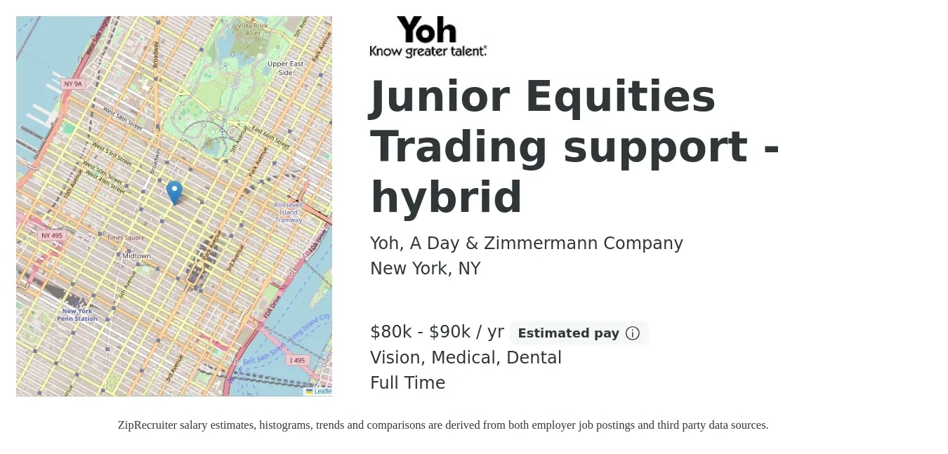 Yoh, A Day & Zimmermann Company job posting for a Junior Equities Trading support - hybrid in New York, NY with a salary of $90,000 to $100,000 Yearly and benefits including dental, life_insurance, medical, pto, retirement, and vision with a map of New York location.