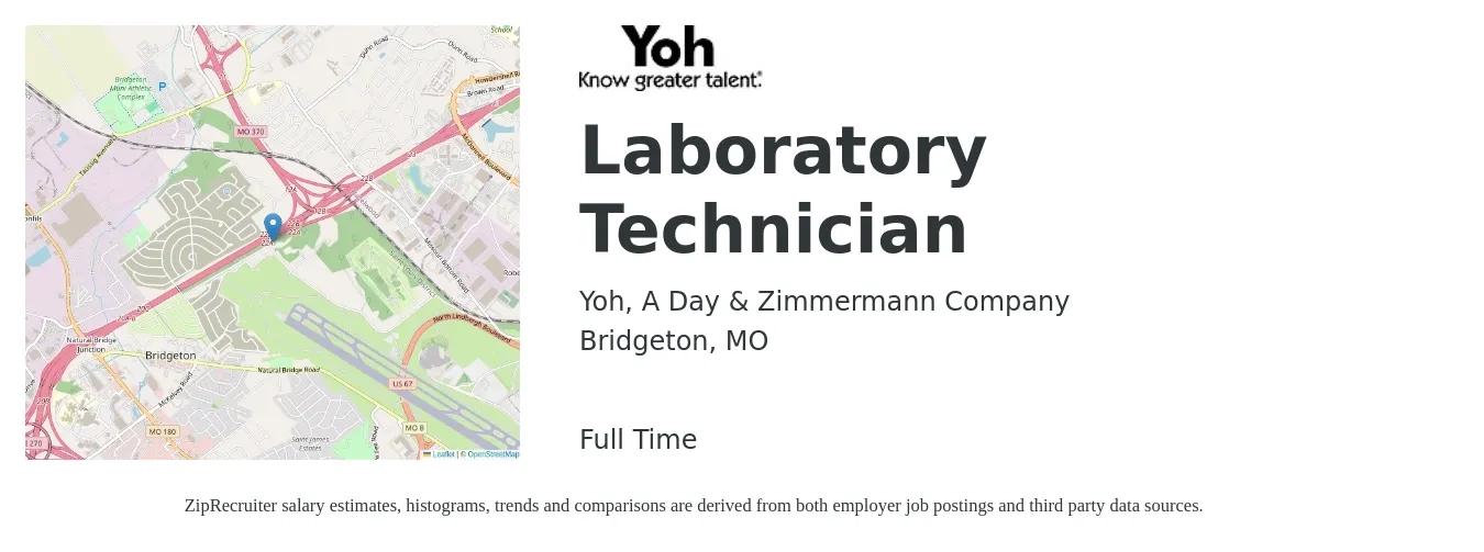 Yoh, A Day & Zimmermann Company job posting for a Laboratory Technician in Bridgeton, MO with a salary of $18 to $24 Hourly with a map of Bridgeton location.