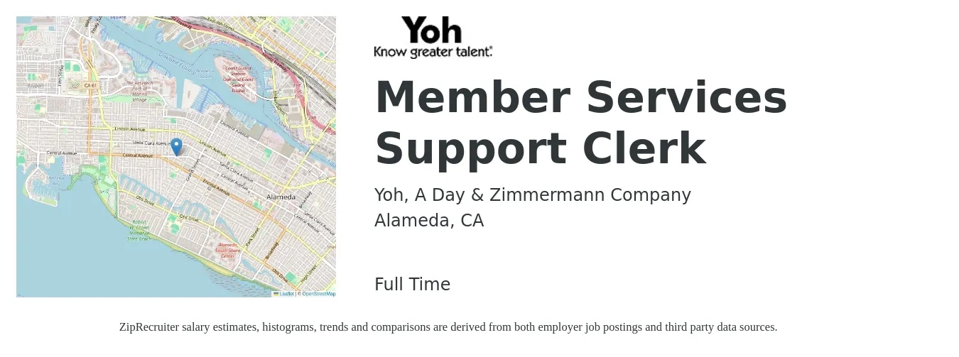 Yoh, A Day & Zimmermann Company job posting for a Member Services Support Clerk in Alameda, CA with a salary of $21 to $26 Hourly with a map of Alameda location.