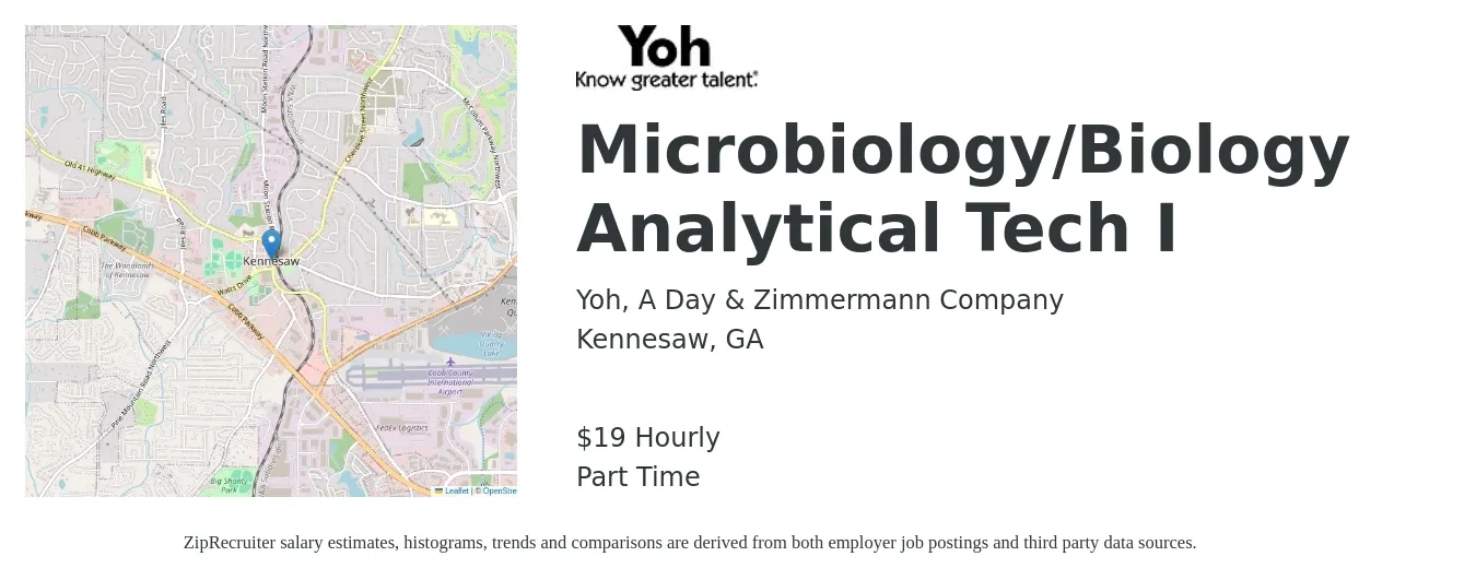 Yoh, A Day & Zimmermann Company job posting for a Microbiology/Biology Analytical Tech I in Kennesaw, GA with a salary of $20 Hourly with a map of Kennesaw location.