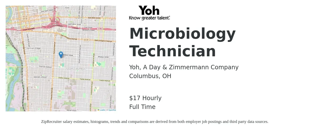 Yoh, A Day & Zimmermann Company job posting for a Microbiology Technician in Columbus, OH with a salary of $18 Hourly with a map of Columbus location.