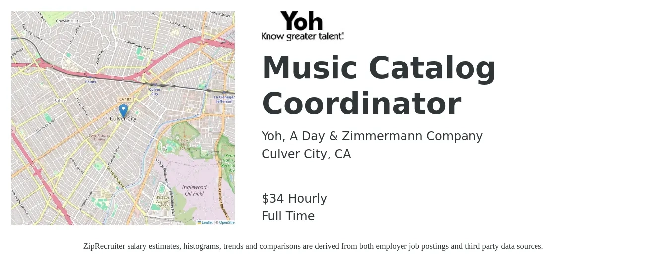 Yoh, A Day & Zimmermann Company job posting for a Music Catalog Coordinator in Culver City, CA with a salary of $36 Hourly with a map of Culver City location.