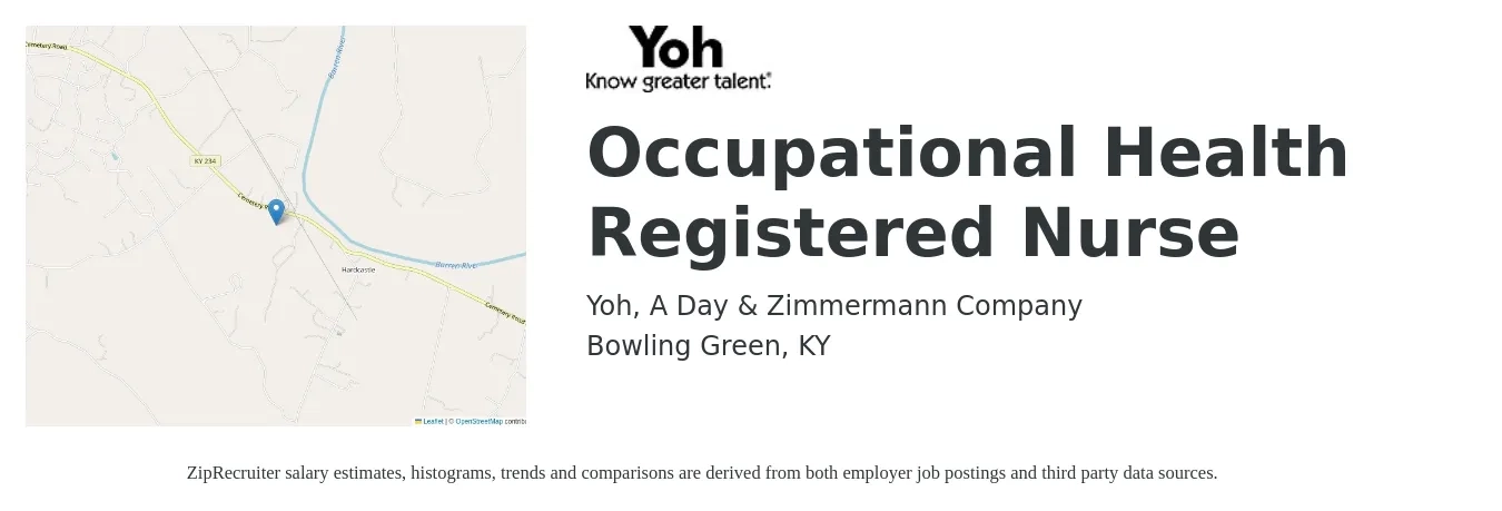 Yoh, A Day & Zimmermann Company job posting for a Occupational Health Registered Nurse in Bowling Green, KY with a salary of $30 to $49 Hourly with a map of Bowling Green location.
