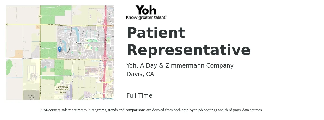 Yoh, A Day & Zimmermann Company job posting for a Patient Representative in Davis, CA with a salary of $19 to $31 Hourly with a map of Davis location.