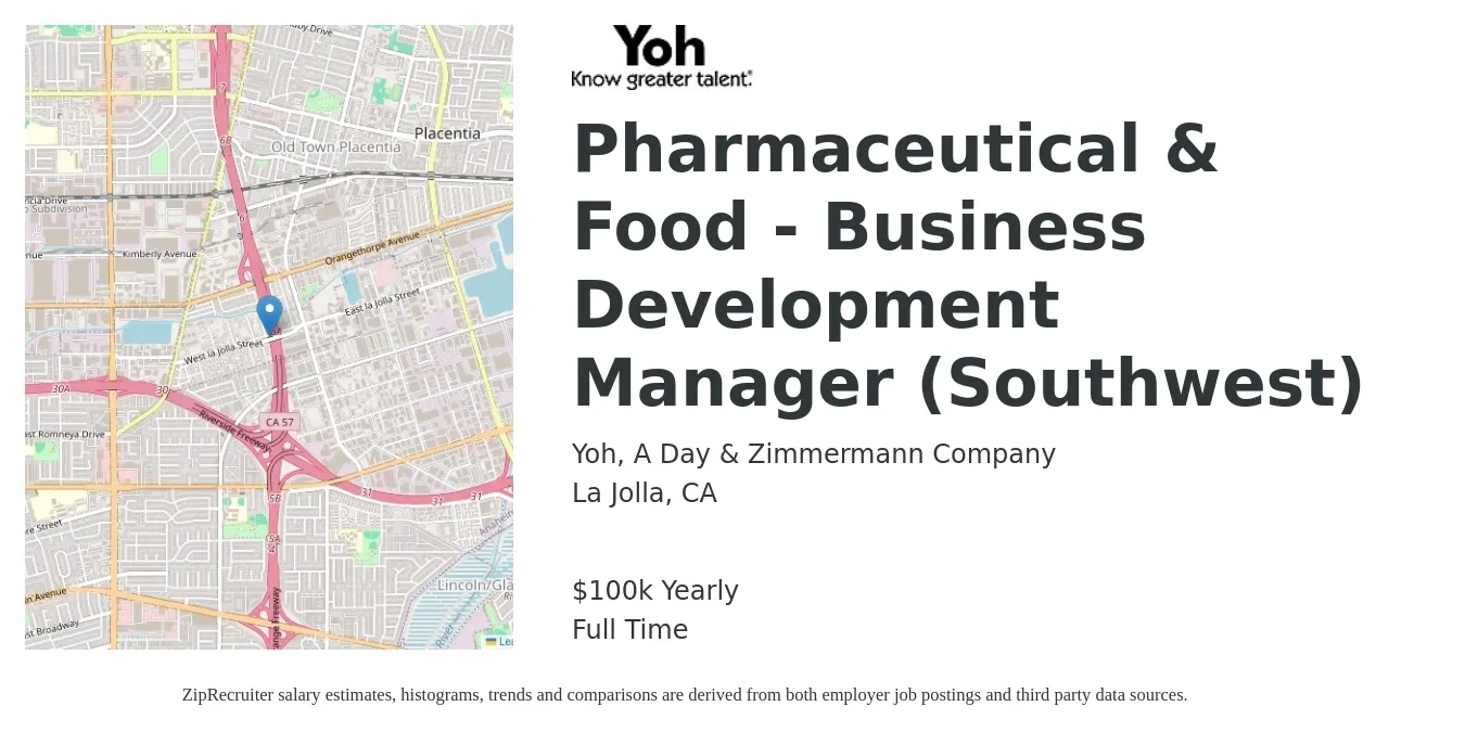 Yoh, A Day & Zimmermann Company job posting for a Pharmaceutical & Food - Business Development Manager (Southwest) in La Jolla, CA with a salary of $100,000 Yearly with a map of La Jolla location.