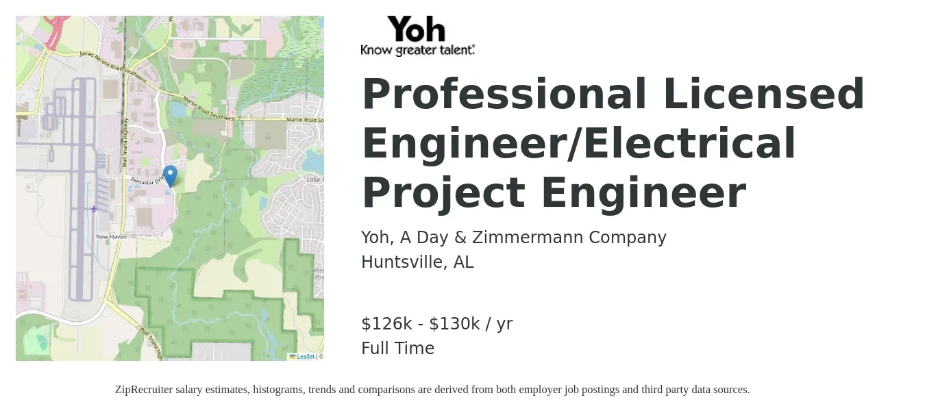 Yoh, A Day & Zimmermann Company job posting for a Professional Licensed Engineer/Electrical Project Engineer in Huntsville, AL with a salary of $126,120 to $130,000 Yearly with a map of Huntsville location.