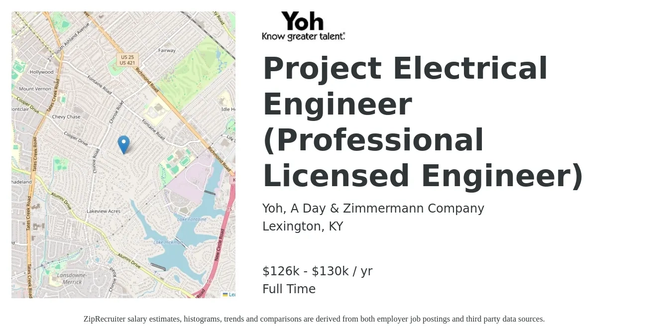 Yoh, A Day & Zimmermann Company job posting for a Project Electrical Engineer (Professional Licensed Engineer) in Lexington, KY with a salary of $126,120 to $130,180 Yearly with a map of Lexington location.