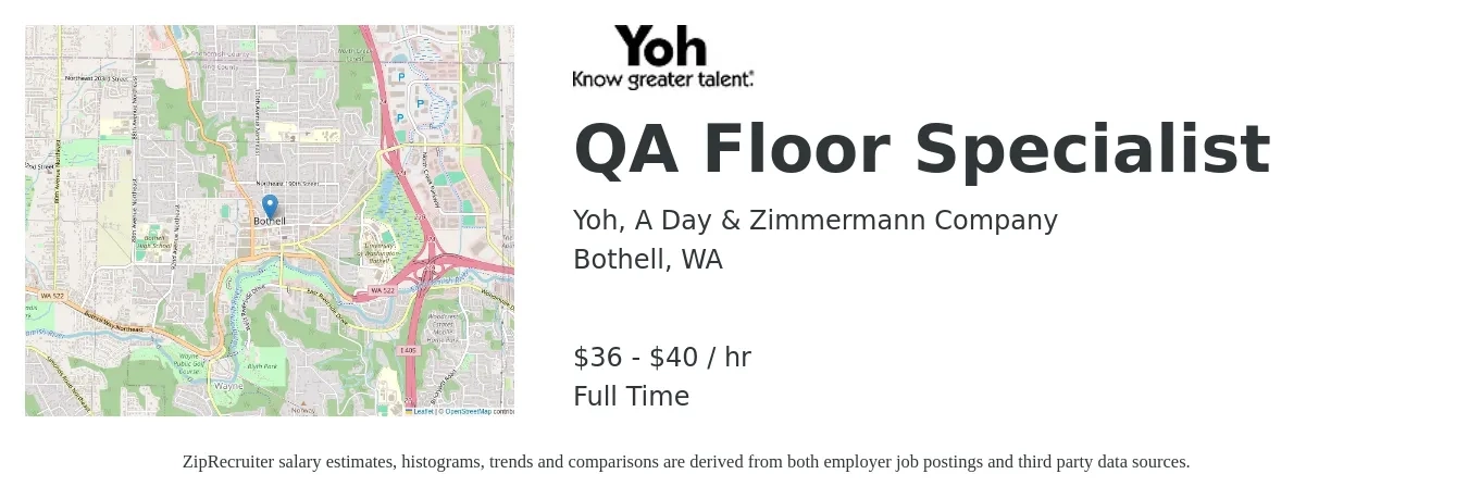 Yoh, A Day & Zimmermann Company job posting for a QA Floor Specialist in Bothell, WA with a salary of $38 to $42 Hourly with a map of Bothell location.
