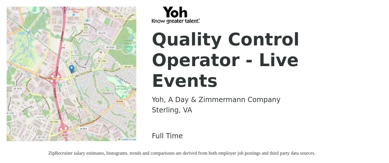 Yoh, A Day & Zimmermann Company job posting for a Quality Control Operator - Live Events in Sterling, VA with a salary of $17 to $20 Hourly with a map of Sterling location.