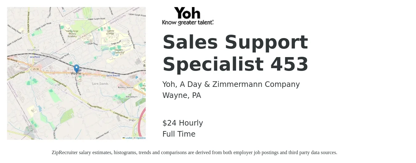 Yoh, A Day & Zimmermann Company job posting for a Sales Support Specialist 453 in Wayne, PA with a salary of $25 Hourly with a map of Wayne location.