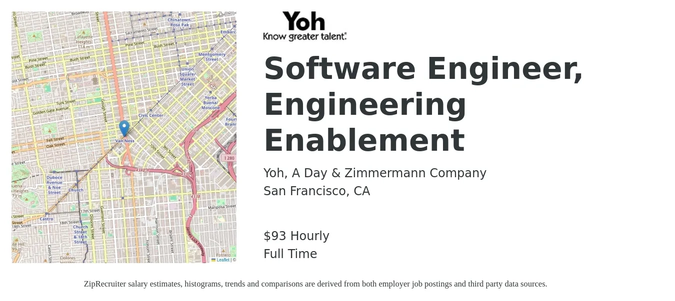 Yoh, A Day & Zimmermann Company job posting for a Software Engineer, Engineering Enablement in San Francisco, CA with a salary of $97 Hourly with a map of San Francisco location.