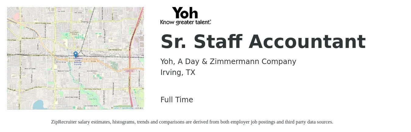 Yoh, A Day & Zimmermann Company job posting for a Sr. Staff Accountant in Irving, TX with a salary of $66,700 to $82,100 Yearly with a map of Irving location.