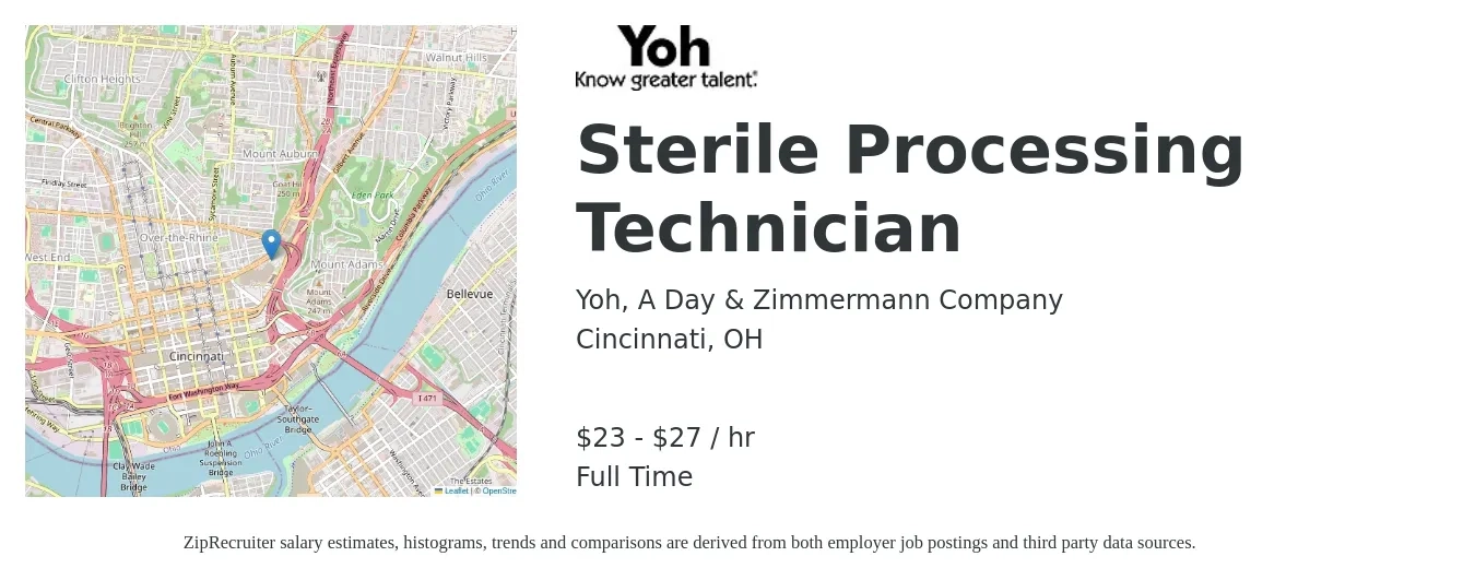 Yoh, A Day & Zimmermann Company job posting for a Sterile Processing Technician in Cincinnati, OH with a salary of $24 to $29 Hourly with a map of Cincinnati location.