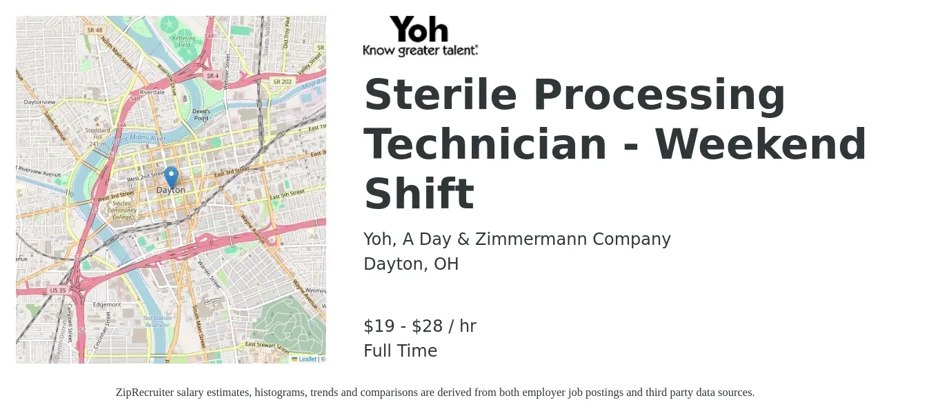 Yoh, A Day & Zimmermann Company job posting for a Sterile Processing Technician - Weekend Shift in Dayton, OH with a salary of $20 to $30 Hourly with a map of Dayton location.