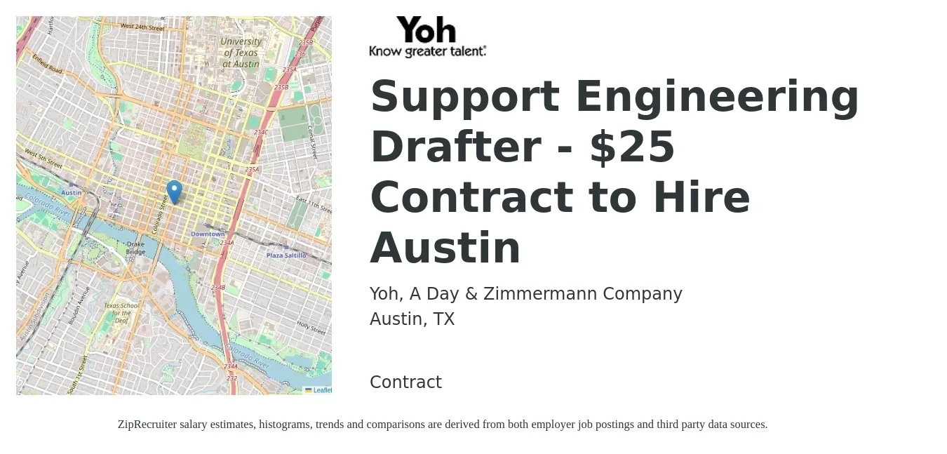 Yoh, A Day & Zimmermann Company job posting for a Support Engineering Drafter - $25 Contract to Hire Austin in Austin, TX with a salary of $22 to $32 Hourly with a map of Austin location.