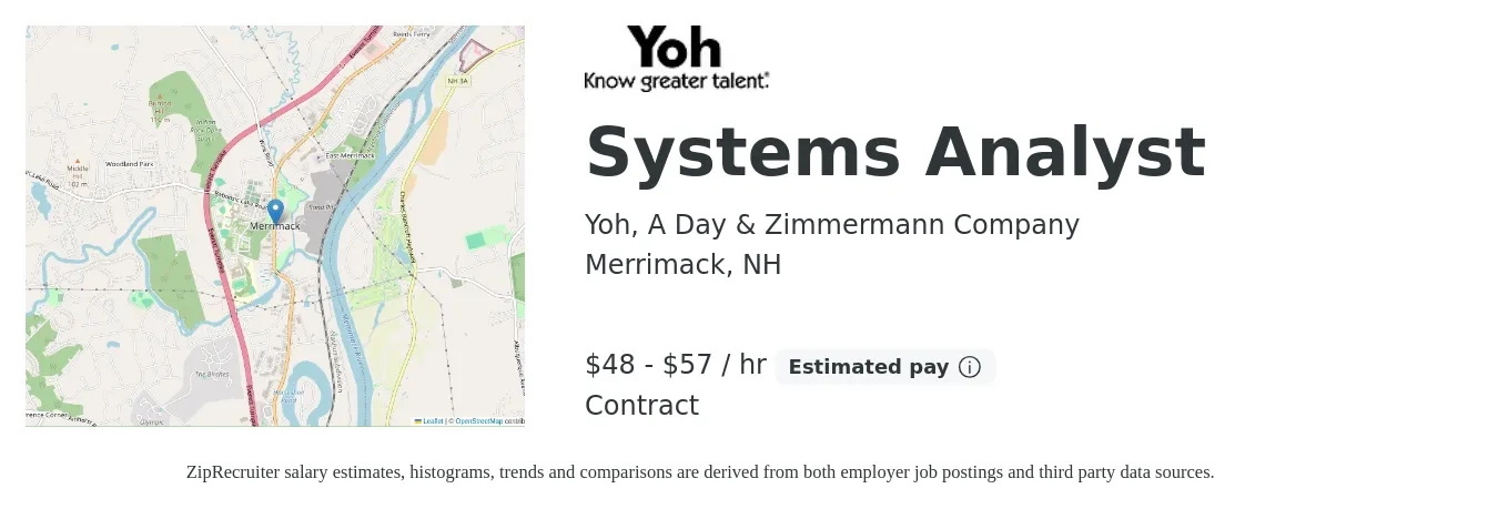 Yoh, A Day & Zimmermann Company job posting for a Systems Analyst in Merrimack, NH with a salary of $50 to $60 Hourly with a map of Merrimack location.