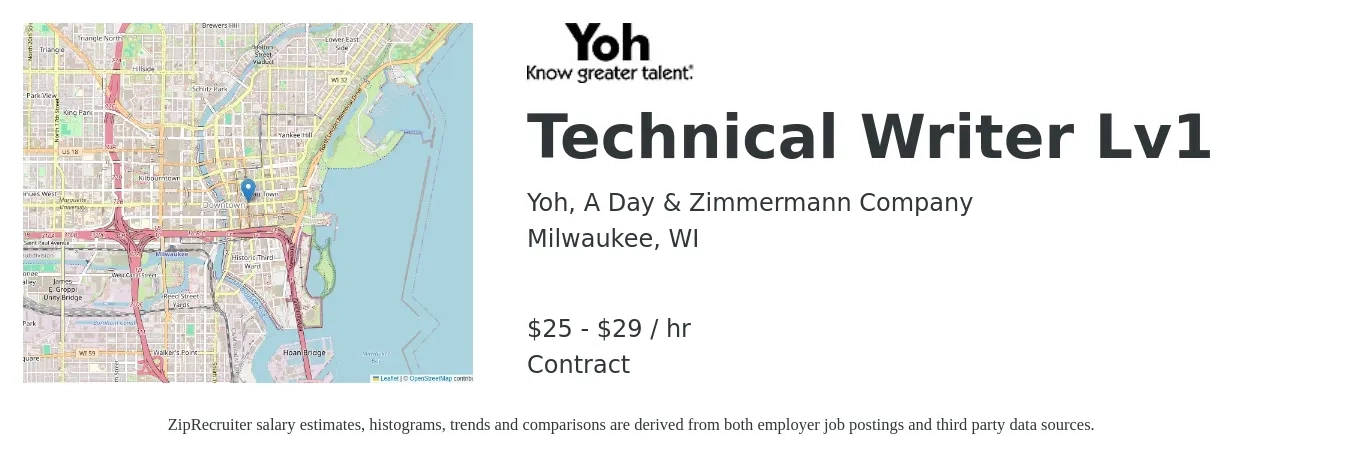 Yoh, A Day & Zimmermann Company job posting for a Technical Writer Lv1 in Milwaukee, WI with a salary of $27 to $31 Hourly with a map of Milwaukee location.