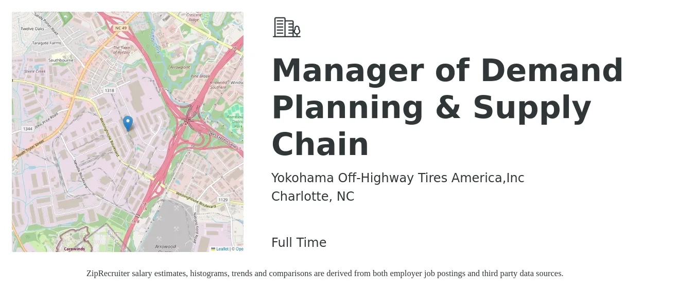 Yokohama Off-Highway Tires America, Inc. job posting for a Manager of Demand Planning & Supply Chain in Charlotte, NC with a salary of $84,000 to $117,200 Yearly with a map of Charlotte location.