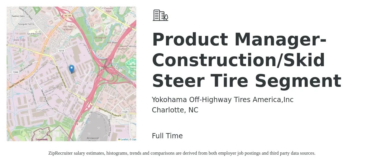 Yokohama Off-Highway Tires America,Inc job posting for a Product Manager-Construction/Skid Steer Tire Segment in Charlotte, NC with a salary of $132,200 to $184,700 Yearly with a map of Charlotte location.