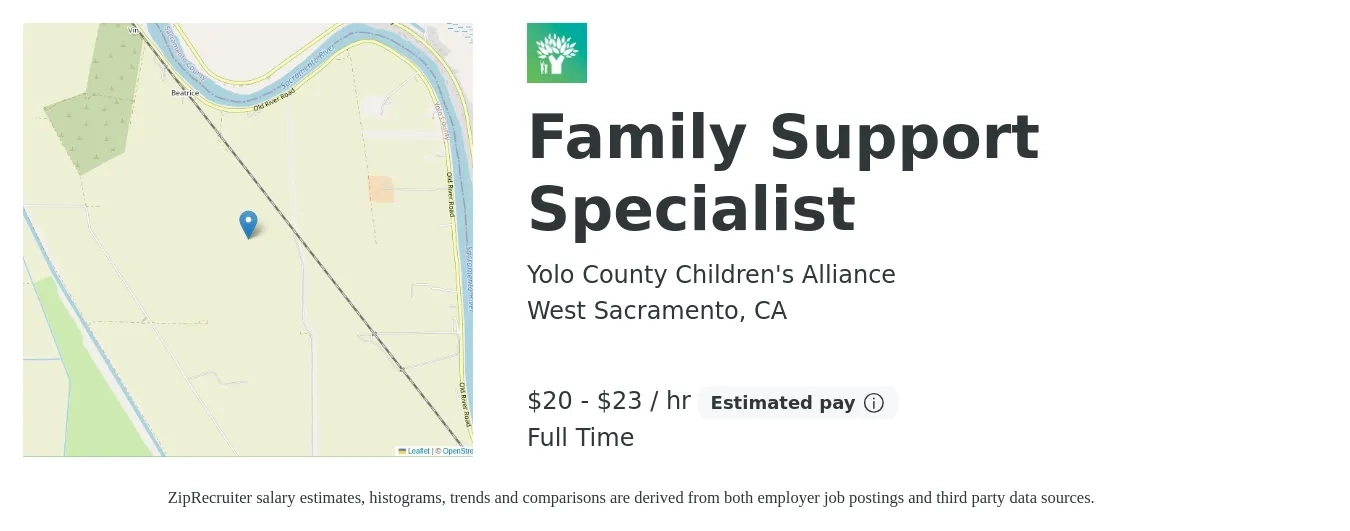 Yolo County Children's Alliance job posting for a Family Support Specialist in West Sacramento, CA with a salary of $21 to $24 Hourly with a map of West Sacramento location.