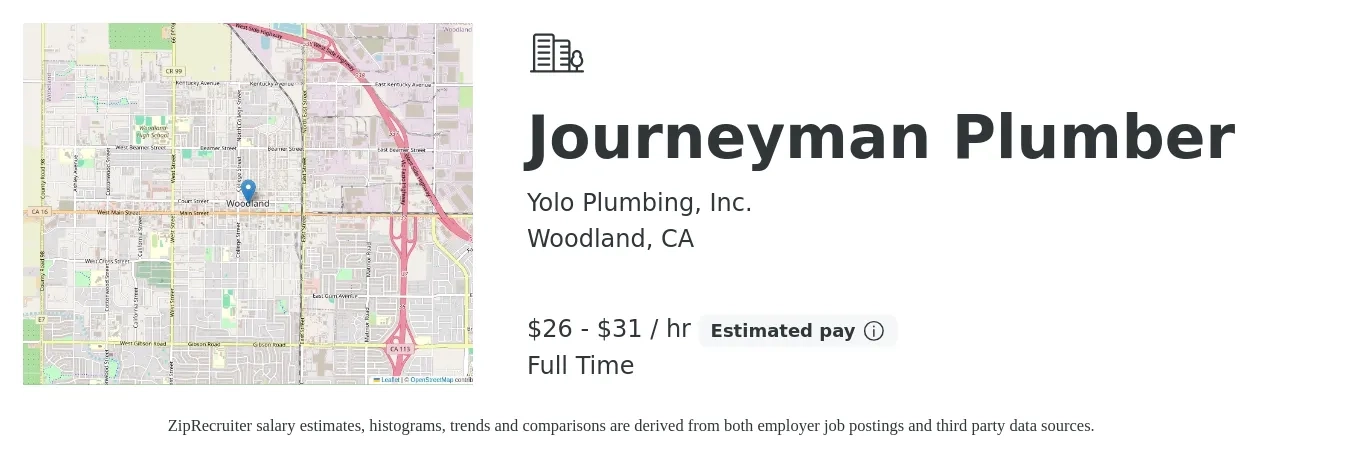 Yolo Plumbing, Inc. job posting for a Journeyman Plumber in Woodland, CA with a salary of $28 to $33 Hourly and benefits including pto with a map of Woodland location.