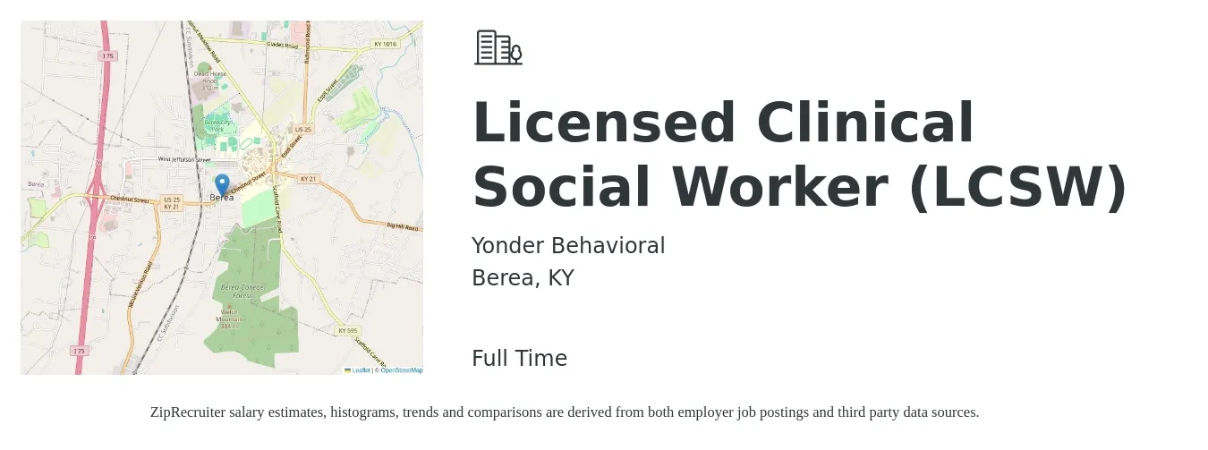 Yonder Behavioral job posting for a Licensed Clinical Social Worker (LCSW) in Berea, KY with a salary of $40,000 to $65,000 Yearly with a map of Berea location.