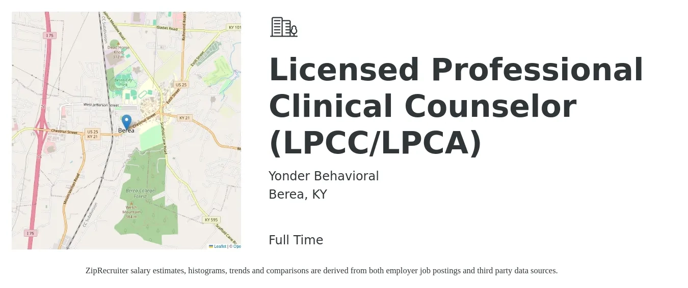 Yonder Behavioral job posting for a Licensed Professional Clinical Counselor (LPCC/LPCA) in Berea, KY with a salary of $40,000 to $65,000 Yearly with a map of Berea location.