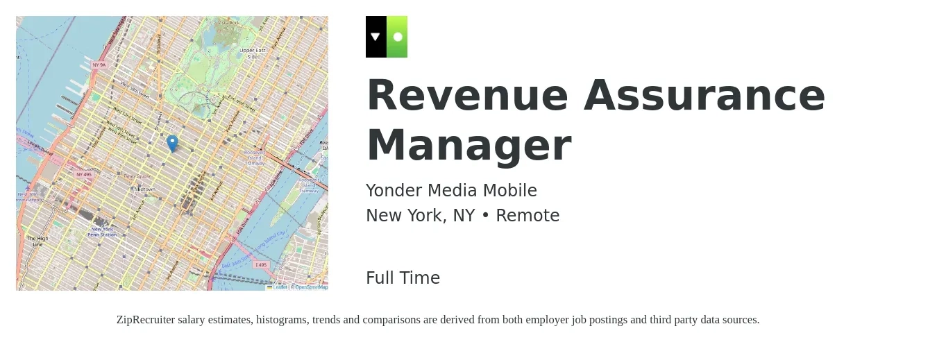Yonder Media Mobile job posting for a Revenue Assurance Manager in New York, NY with a salary of $77,700 to $117,600 Yearly with a map of New York location.