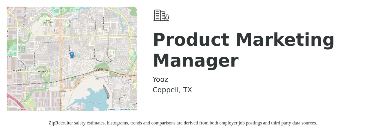 Yooz job posting for a Product Marketing Manager in Coppell, TX with a salary of $143,200 Yearly with a map of Coppell location.
