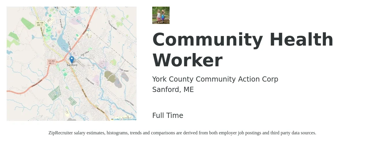 York County Community Action Corp job posting for a Community Health Worker in Sanford, ME with a salary of $18 to $24 Hourly with a map of Sanford location.