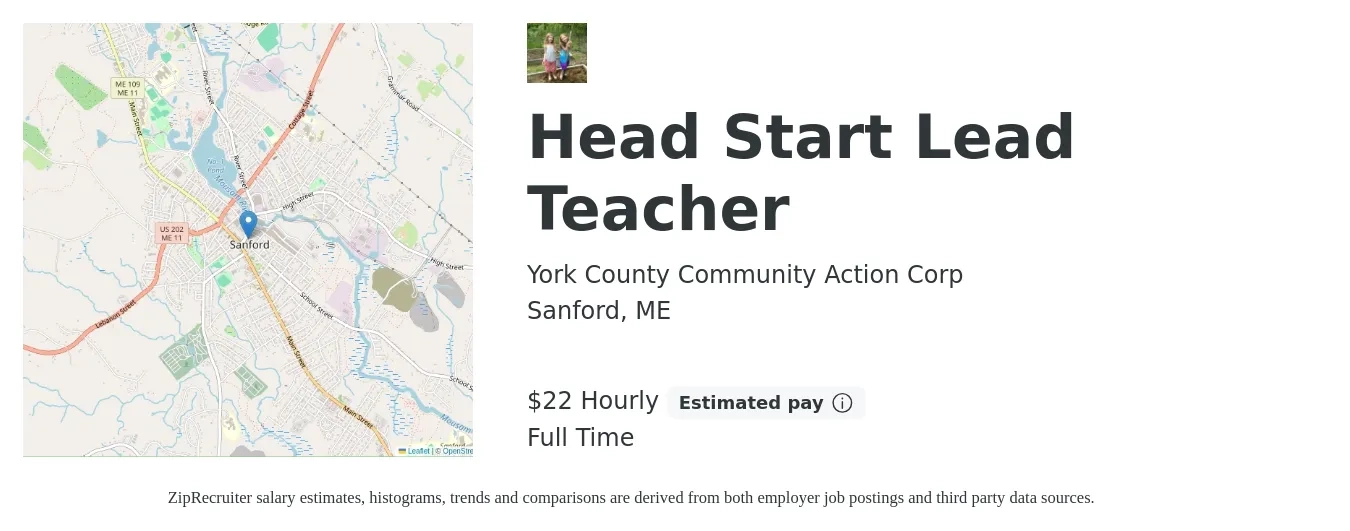 York County Community Action Corp job posting for a Head Start Lead Teacher in Sanford, ME with a salary of $23 Hourly with a map of Sanford location.
