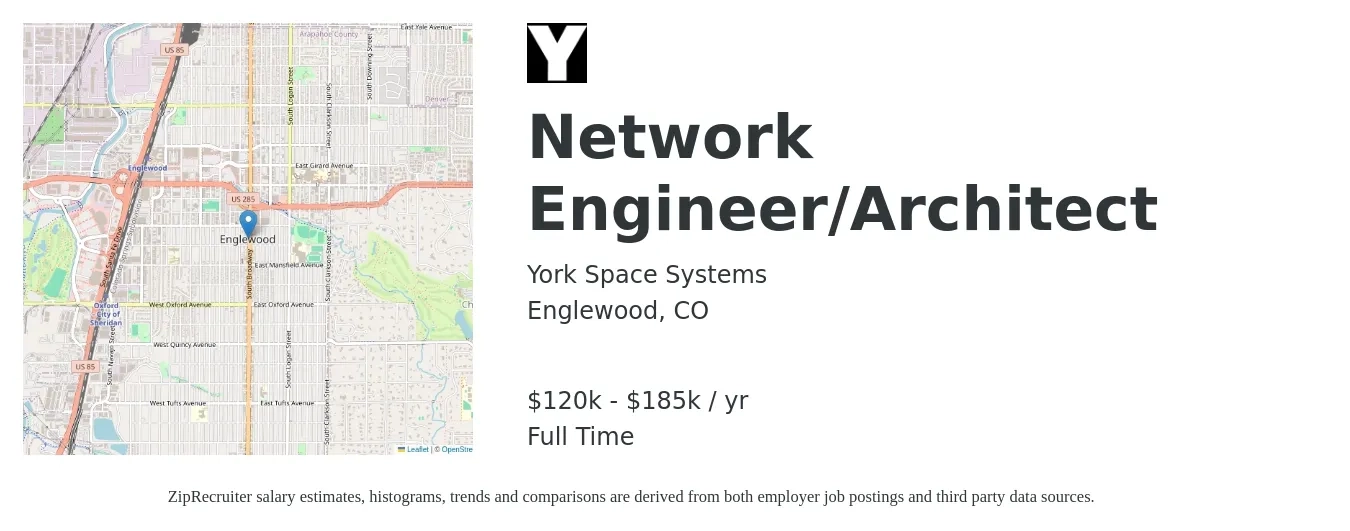 York Space Systems job posting for a Network Engineer/Architect in Englewood, CO with a salary of $120,000 to $185,000 Yearly with a map of Englewood location.
