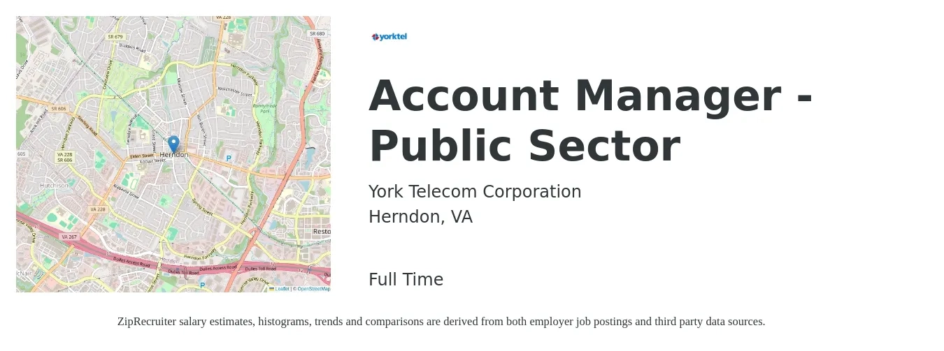 York Telecom Corporation job posting for a Account Manager - Public Sector in Herndon, VA with a salary of $49,300 to $80,700 Yearly with a map of Herndon location.