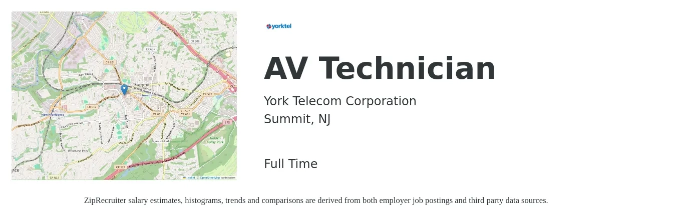 York Telecom Corporation job posting for a AV Technician in Summit, NJ with a salary of $23 to $32 Hourly with a map of Summit location.