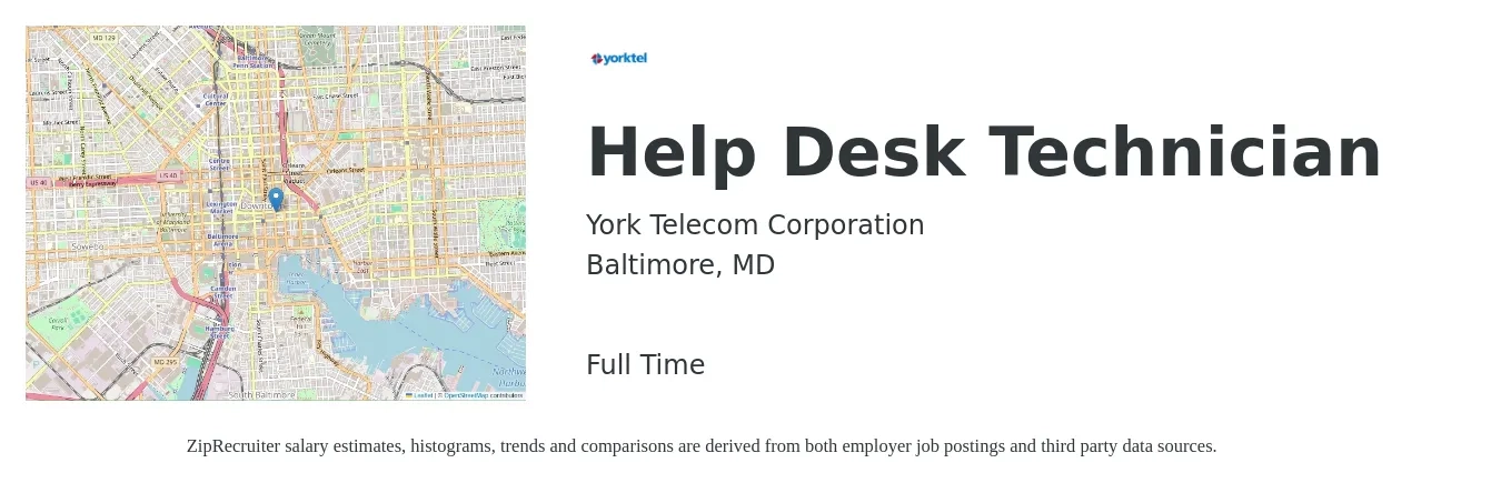 York Telecom Corporation job posting for a Help Desk Technician in Baltimore, MD with a salary of $21 to $28 Hourly with a map of Baltimore location.